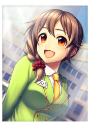  1girl :d blurry blurry_background braid breasts brown_eyes brown_hair depth_of_field green_suit hair_ornament highres idolmaster idolmaster_cinderella_girls large_breasts looking_at_viewer necktie open_mouth school_uniform senkawa_chihiro single_braid smile solo suit taba_neruko twintails upper_body yellow_necktie 