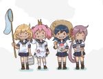  &gt;_&lt; 4girls akebono_(kancolle) animal bandaid bandaid_on_face bell black_hair black_socks blue_sailor_collar blue_skirt blush brown_footwear closed_mouth flower full_body grin hair_bell hair_between_eyes hair_flower hair_ornament hat holding holding_spoon jingle_bell kantai_collection kneehighs light_brown_hair long_hair multiple_girls oboro_(kancolle) pet pink_hair pleated_skirt purple_hair rabbit red_flower saiguchi_otoufu sailor_collar sazanami_(kancolle) school_uniform serafuku shaved_ice shoes short_hair short_sleeves side_ponytail skirt smile socks spoon sun_hat twintails ushio_(kancolle) 