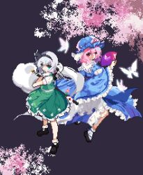  2girls black_hairband blue_eyes blue_hat blue_kimono collared_shirt commentary_request dotebox folding_fan frilled_kimono frilled_sleeves frills full_body green_skirt green_vest grey_hair hairband hand_fan hat highres hitodama holding holding_fan holding_sword holding_weapon japanese_clothes katana kimono konpaku_youmu konpaku_youmu_(ghost) korean_commentary long_sleeves mob_cap multiple_girls pink_eyes pink_hair pixel_art saigyouji_yuyuko sheath sheathed shirt skirt skirt_set sleeve_garter sword touhou triangular_headpiece vest weapon white_shirt wide_sleeves 