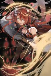  2girls absurdres animal_ears black_pantyhose breasts clenched_teeth crying dress ear_covers feather_hair_ornament feathers gem gloves green_eyes green_gem hair_between_eyes hair_ornament highres horse_ears horse_girl horse_tail long_hair low_twintails multiple_girls orange_hair orfevre_(umamusume) pantyhose parted_lips red_dress red_hair running small_breasts solo_focus tail tanahashi_beiko teeth twintails umamusume win_variation_(dramatic_tutu)_(umamusume) win_variation_(umamusume) 