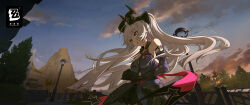  1girl bare_shoulders black_horns blue_dress blue_eyes copyright_logo copyright_name crossed_bangs detached_sleeves dress english_text grey_hair hair_between_eyes heterochromia highres horns lindverne_sunbringer logo long_hair mechanical_horns official_art official_wallpaper open_mouth outdoors solo very_long_hair yellow_eyes zenless_zone_zero 