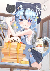  1girl absurdres animal_hat aoraine apron beanie black_hat black_skirt black_streaks blue_apron blue_eyes blue_hair blunt_bangs blush cat cat_girl cat_hat cat_tail clock commentary_request cooking cowboy_shot cream desk food frilled_skirt frills hair_ornament hands_up hat highres indoors kitchen licking_lips looking_at_viewer multicolored_hair original pancake pancake_stack plaid_clothes plaid_skirt shirt skirt smile solo sparkling_eyes streaked_hair tail tongue tongue_out white_shirt 