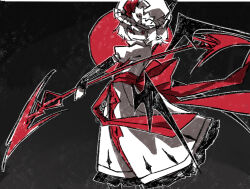  1girl alternate_costume bat_wings closed_mouth detached_sleeves dress english_commentary frills from_side gradient_background hat hat_ribbon koumajou_densetsu large_ribbon medium_hair mob_cap moon pointy_ears red_eyes red_moon red_ribbon remilia_scarlet ribbon short_sleeves smile solo spear_the_gungnir touhou vampire white_dress white_hair wings zhihuaiqiang 