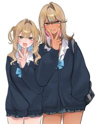  2girls :d :p absurdres bag blonde_hair blue_bow blue_bowtie blue_cardigan blue_eyes blue_hair blue_nails blue_scrunchie blue_skirt bow bowtie cardigan collared_shirt facial_tattoo fang finger_to_face green_eyes gyaru hair_intakes hair_ornament hair_tie hairclip hand_in_pocket heart heart_tattoo highres long_hair long_sleeves looking_at_viewer multiple_girls nail_polish nekomugiharu official_art original parallel_hairclips pleated_skirt school_bag school_uniform scrunchie second-party_source shirt simple_background skin_fang skirt sleeves_past_fingers sleeves_past_wrists smile tan tattoo tongue tongue_out two_side_up v voice_drama_available white_background white_shirt yellow_nails 