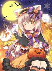  1girl ;) animal_ears black_capelet black_gloves blush bow brown_eyes brown_hair candy candy_wrapper capelet cat_ears cat_girl cat_tail closed_mouth commentary_request dress feet_out_of_frame food frilled_capelet frilled_dress frilled_sailor_collar frills full_moon ghost gloves hair_between_eyes halloween halloween_bucket hand_up hat highres lollipop long_hair moon nanase_miori one_eye_closed orange_dress orange_sailor_collar original purple_bow purple_hat sailor_collar sitting smile socks solo striped_clothes striped_socks swirl_lollipop tail very_long_hair witch_hat 