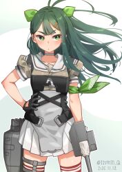  1girl adapted_turret antenna_hair armband black_gloves commentary_request facing_viewer gloves green_eyes green_hair grey_shirt hair_ribbon hand_on_own_hip highres izumi_kuma kantai_collection long_hair looking_at_viewer one-hour_drawing_challenge pleated_skirt red_thighhighs ribbon sailor_collar sailor_shirt school_uniform serafuku shirt skirt solo sugi_(kancolle) thigh-highs torpedo_tubes white_sailor_collar white_skirt 