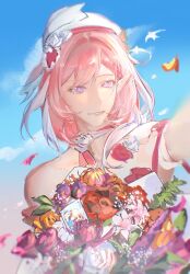 1girl absurdres beret blue_sky bouquet commentary elf elysia_(hi_love_elf)_(honkai_impact) elysia_(honkai_impact) fuhualess hat highres holding holding_bouquet honkai_(series) honkai_impact_3rd long_hair multicolored_hair pink_hair pointy_ears revision sky smile solo two-tone_hair untranslatable_commentary upper_body very_long_hair violet_eyes white_hair 