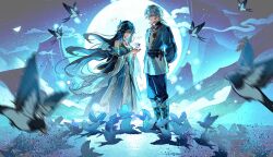  1boy 1girl animal aqua_dress aqua_shirt arm_behind_back bare_shoulders bird black_boots black_hair black_pants black_sash blue_eyes blurry boots closed_mouth commentary depth_of_field detached_sleeves dress english_commentary full_moon genshin_impact gold_trim grey_hair hair_between_eyes hair_ornament highres holding holding_animal holding_bird jade_plumed_silverwing_(genshin_impact) jewelry knee_boots lan_junming_(genshin_impact) long_hair long_sleeves looking_at_animal looking_at_another looking_down medium_hair moon necklace night outdoors pants sash shirt smile standing strapless strapless_dress swallow_(bird) tassel two-tone_shirt viviwi waist_sash white_shirt wide_sleeves 