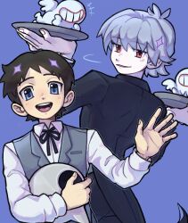  2boys :d bazukat_art black_hair black_shirt collared_shirt creature grey_vest grin happy highres ikari_shinji male_focus mass_production_eva multiple_boys nagisa_kaworu neon_genesis_evangelion open_mouth plate purple_background red_eyes shirt short_hair simple_background smile upper_body very_short_hair vest waiter white_shirt 