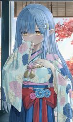  1girl absurdres ahoge blue_hair blue_hakama blue_kimono blue_nails bottle_hair_ornament bow commentary covering_own_mouth elf floral_print floral_print_kimono frilled_kimono frilled_sleeves frills hair_between_eyes hakama hakama_skirt heart heart_ahoge highres hololive japanese_clothes kimono long_hair long_sleeves nakatako1225 pointy_ears print_kimono red_bow sash skirt solo standing straight_hair virtual_youtuber wide_sleeves yellow_eyes yukihana_lamy yukihana_lamy_(new_year) 