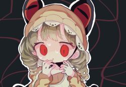  1girl black_bow black_bowtie blonde_hair bow bowtie commentary_request drill_hair hat highres long_hair magical_girl mahou_shoujo_ikusei_keikaku mahou_shoujo_ikusei_keikaku_jokers naizoutuu red_eyes scared sweat twin_drills umbrain yellow_hat 