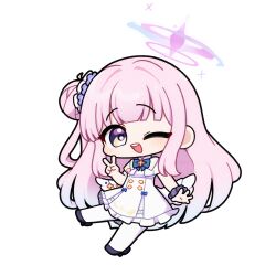  1girl angel_wings black_shoes blue_archive blue_bow blue_bowtie blue_hair blue_halo blunt_bangs bow bowtie buttons capelet chibi chibi_only commentary_request double-breasted dress feathered_wings flower frilled_dress frills full_body gradient_hair gradient_halo hair_bun hair_flower hair_ornament halo highres korean_commentary long_hair looking_at_viewer low_wings mika_(blue_archive) multicolored_hair multicolored_halo one_eye_closed open_mouth pantyhose pink_hair pink_halo purple_flower purple_scrunchie scrunchie shoes simple_background single_side_bun smile solo teeth tyjang upper_teeth_only v very_long_hair white_background white_capelet white_dress white_pantyhose white_wings wings wrist_scrunchie yellow_eyes 