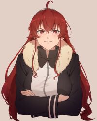  1girl absurdres ahoge black_hairband breasts closed_mouth confident cropped_torso crossed_arms eris_greyrat eris_greyrat_(adult) fur-trimmed_jacket fur_trim hair_between_eyes hairband high_collar highres jacket ketsufan long_hair long_sleeves looking_at_viewer mushoku_tensei proud red_eyes red_hair shirt simple_background smile solo thick_eyebrows upper_body very_long_hair white_background white_shirt 