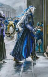  3girls 6+boys absurdres arrest ascot black_boots black_hair black_hat black_skirt black_umbrella blonde_hair blue_coat blue_hat blue_jacket blue_pants boots bound_ankles breasts building cane clorinde_(genshin_impact) coat commentary_request cuffs dirty dirty_clothes dress european_architecture furry furry_female genshin_impact grabbing_another's_arm grey_sky hat high_heels highres holding holding_cane jacket lluluchwan long_hair medium_breasts melusine_(genshin_impact) multiple_boys multiple_girls navia_(genshin_impact) neuvillette_(genshin_impact) outdoors pants pointy_ears police police_uniform puddle purple_ascot rain shackles ship's_wheel_ornament skirt sky sunglasses umbrella very_long_hair white_dress white_hair 