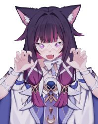  1girl animal_ear_fluff animal_ears black_hair blush cat_ears claw_pose columbina_(genshin_impact) dress eye_mask fangs genshin_impact hair_flaps hair_intakes highres kemonomimi_mode long_hair looking_at_viewer mask multicolored_hair open_mouth purple_streaks see-through_clothes see-through_mask sidelocks simple_background skin_fangs solo streaked_hair upper_body violet_eyes white_background white_dress woolly_(ll_0o0) 