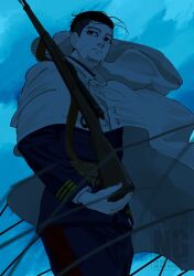  1boy black_eyes black_hair blue_sky blue_theme bolt_action closed_mouth commentary_request facial_hair floating_cape goatee golden_kamuy gun highres male_focus military_uniform murata_miku ogata_hyakunosuke outdoors pants rifle scar scar_on_face short_hair sideburns sky solo watermark weapon wind 