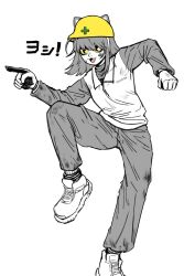  1girl :3 absurdres animal_ears cat_ears cat_girl colored_sclera commentary_request dirty dirty_clothes dirty_face ears_through_headwear eyebrows_hidden_by_hair genba_neko_(character) genba_neko_(meme) gloves greyscale helmet highres korean_commentary medium_hair meme monochrome open_mouth personification pointing ribbed_socks shigoto_neko shoes smile socks sokdoksannim solo spot_color standing standing_on_one_leg translated yellow_helmet yellow_sclera 