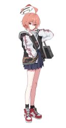  1girl ahoge bag bandaid bandaid_on_knee bandaid_on_leg black_halo black_shirt blue_archive blue_skirt braid commentary floral_print floral_print_shirt hair_between_eyes halo hand_in_pocket highres huge_ahoge jacket looking_at_viewer mole mole_under_each_eye mole_under_eye multiple_moles neck_ribbon neru_(blue_archive) neru_(school_uniform)_(blue_archive) official_alternate_costume open_clothes open_jacket orange_hair pleated_skirt print_shirt red_eyes ribbon school_bag shirt shirt_tucked_in simple_background single_braid skirt solo standing sukajan undone_neck_ribbon untied_shoelaces vvxqel white_background 