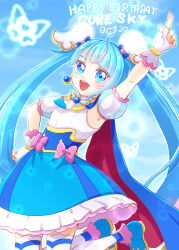  1girl :d absurdres ahoge arm_up armpits asymmetrical_bangs blue_boots blue_cape blue_dress blue_eyes blue_hair blue_sky blue_theme boots bow brooch cape character_name clouds cloudy_sky commentary cowboy_shot cure_sky cut_bangs dated day detached_sleeves diagonal_bangs dress dress_bow earrings english_text fingerless_gloves fringe-trimmed_cape fringe_trim gloves gradient_hair hair_bow hair_ornament hand_on_own_hip happy_birthday highres hirogaru_sky!_precure index_finger_raised jewelry legs_up long_hair looking_at_viewer magical_girl medium_dress multicolored_hair open_mouth outdoors pink_hair precure puffy_detached_sleeves puffy_sleeves red_cape signature single_bare_shoulder single_earring single_hair_streak single_sidelock sky sleeveless sleeveless_dress smile solo sora_harewataru streaked_hair teeth thigh-highs twintails two-sided_cape two-sided_fabric two-tone_dress two-tone_hair upper_teeth_only uzuki_zaqlo very_long_hair white_dress white_gloves white_thighhighs wing_brooch wing_hair_ornament zettai_ryouiki 