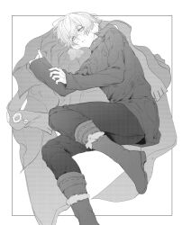  1boy absurdres ahoge alyosha_(genshin_impact) blush boots buyaozaoqi cape commentary earmuffs feet_out_of_frame freckles fur-trimmed_boots fur_trim genshin_impact greyscale hair_between_eyes hands_up heavy_breathing highres implied_yaoi jacket long_sleeves looking_at_viewer lying male_focus monochrome on_side outside_border pants shirt short_hair simple_background solo sweatdrop teeth turtleneck turtleneck_shirt untranslatable_commentary unworn_jacket 