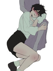  1boy 1girl aroused_nosebleed bare_legs black_hair black_shorts blood blush brown_shoes commentary_request degrees_of_lewdity dol_mmm hand_on_another's_leg head_out_of_frame korean_commentary kylar_(degrees_of_lewdity) kylar_(male)_(degrees_of_lewdity) lap_pillow long_sleeves looking_to_the_side male_focus nervous_smile nose_blush nosebleed player_character_(degrees_of_lewdity) player_character_(female)_(degrees_of_lewdity) shirt shoes short_hair shorts simple_background smile socks solo_focus sweatdrop white_background white_shirt white_socks 