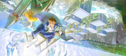  1boy bag blonde_hair blue_jacket blue_pants blue_sky building cape chair city cityscape cloak clouds day dutch_angle fence floating floating_clothes floating_object grass highres jacket knees_up looking_to_the_side midair on_chair open_clothes open_jacket original outdoors pants parted_bangs perspective scenery school_uniform shirt shoe_soles shoes short_hair shoulder_bag sitting sky sneakers solo spire splashing strap sunlight surreal tower track_jacket track_pants track_suit upside-down water white_jacket white_shirt white_shoes wooden_chair yellow_bag yellow_eyes yusongrmdsuki 