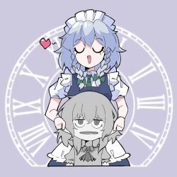  2girls :d absurdres apron ascot blue_dress bow braid closed_eyes collared_shirt commentary_request dress fang green_bow green_necktie grey_hair hair_bow heart highres izayoi_sakuya korean_commentary long_hair maid maid_headdress missing_headwear mulsae multiple_girls necktie open_mouth pinafore_dress puffy_short_sleeves puffy_sleeves remilia_scarlet roman_numeral shirt short_sleeves skin_fang sleeveless sleeveless_dress smile time_stop touhou twin_braids waist_apron white_apron white_shirt 
