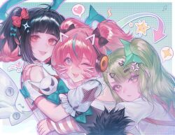  0ishur 3girls angels_of_delusion anger_vein aqua_streaks aria_(human)_(zenless_zone_zero) aria_(zenless_zone_zero) arm_warmers arrow_(symbol) bag bare_shoulders black_hair blue_eyes blush bow closed_mouth colored_inner_hair dress green_bow green_eyes green_hair hair_bow hair_ornament hairclip halo heart highres hug looking_at_viewer multicolored_hair multiple_girls nangong_yu one_eye_closed open_mouth pink_arm_warmers pink_bag pink_hair red_eyes shirt smile star_(symbol) streaked_hair striped_arm_warmers sunna_(zenless_zone_zero) twintails upper_body white_shirt white_wings wings zenless_zone_zero 