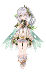  1girl absurdres azurebird bloomers bracelet commentary_request dress feet full_body genshin_impact green_eyes hair_ornament highres jewelry long_hair looking_at_viewer nahida_(genshin_impact) no_shoes pointy_ears short_dress side_ponytail sleeveless sleeveless_dress smile socks solo thighs toeless_socks toes white_bloomers white_dress white_hair white_socks 