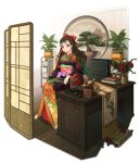  1girl bangs book desk earrings floral_print flower furniture hand_fan highres holding holding_fan japanese_clothes jewelry joodaru long_hair long_sleeves obi open_mouth original paintbrush plant potted_plant sash short_bangs solo wide_sleeves 