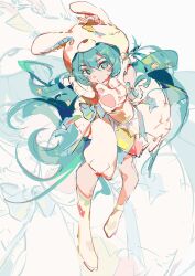  1girl bare_shoulders boots closed_mouth coat double-parted_bangs full_body green_eyes green_hair hair_between_eyes hands_up hat hatsune_miku highres knee_boots long_hair simple_background solo standing tropicalnight29 twintails very_long_hair vocaloid white_background white_coat yellow_boots yellow_hat zoom_layer 