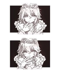  1girl boro_(tn-boro) closed_mouth commentary_request cranberry_(mahoiku) elf flower frills hair_flower hair_ornament hand_on_own_face highres looking_at_viewer magical_girl mahou_shoujo_ikusei_keikaku mahou_shoujo_ikusei_keikaku_unmarked monochrome pointy_ears rose short_hair smile 