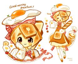  1girl bacon baguette blush bomal1215 bread bread_slice breakfast brown_eyes closed_mouth food food-themed_clothes food-themed_hair food-themed_hat fried_egg hand_up mittens original simple_background smile toast white_background white_mittens 