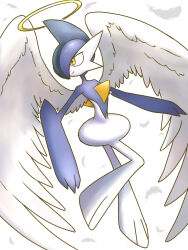  1boy alternate_color angel blue_hair closed_mouth colored_skin commentary_request feathered_wings feathers full_body gallade grey_hair hair_over_one_eye half-closed_eyes halo happy leg_up looking_to_the_side male_focus mohawk monya multicolored_hair multicolored_skin one_eye_covered pokemon pokemon_(creature) shiny_pokemon short_hair simple_background smile solo traditional_halo two-tone_hair two-tone_skin white_feathers white_skin white_wings wings yellow_eyes yellow_halo 