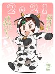  1girl 2021 animal_ears animal_hood animal_print bell blush brown_eyes brown_hair chibi chinese_zodiac cow_ears cow_horns cow_print dated ear_tag fake_animal_ears fake_horns fake_tail hair_ornament hairclip hood hood_up horns kusada model_kit motion_lines neck_bell open_mouth original outline pliers short_hair signature silhouette solo tail walking white_outline year_of_the_ox 