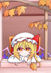  1girl absurdres autumn_leaves blonde_hair closed_mouth commentary crystal crystal_wings eroelu fang fang_out flandre_scarlet hat hat_ribbon highres leaf light_smile long_hair long_sleeves maple_leaf mob_cap multicolored_wings one_side_up pointy_ears red_eyes ribbon shirt solo touhou white_hat white_shirt window wings 