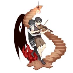  143ouo 2boys antenna_hair black_eyes black_hair black_shoes black_shorts black_sweater_vest black_tank_top black_thighhighs bow_(music) brown_shorts closed_mouth collared_shirt colored_skin commentary double-parted_bangs dual_persona english_commentary grey_shorts hair_between_eyes highres holding holding_bow_(music) holding_instrument holding_violin instrument light_bulb looking_at_viewer male_focus multiple_boys omori omori_(omori) shirt shoes short_hair shorts simple_background socks something_(omori) stairs striped_clothes striped_shorts sunny_(omori) sweater_vest tank_top thigh-highs two-tone_shorts vertical-striped_clothes vertical-striped_shorts violin white_background white_shirt white_skin white_socks 