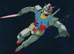  1970s_(style) alt_text asteroid commentary cumgyattler_v energy_sword english_commentary flying full_body gundam highres holding holding_sword holding_weapon mecha mecha_focus mobile_suit mobile_suit_gundam no_humans retro_artstyle robot rx-78-2_gundam science_fiction solo space star_(sky) sword v-fin weapon yellow_eyes 