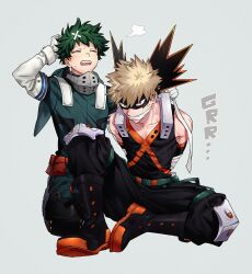  2boys angry arms_behind_back bakugou_katsuki bare_shoulders blonde_hair boku_no_hero_academia boots bound bound_arms closed_eyes collarbone eye_mask full_body gag green_hair grey_background himo_(himodayoo) improvised_gag male_focus mask midoriya_izuku multiple_boys pants red_eyes short_hair simple_background spiky_hair superhero_costume tape tape_gag 