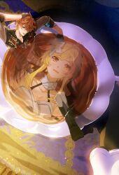 1boy 1girl absurdres ahoge arm_up bare_shoulders belt black_belt black_boots black_gloves black_shirt blonde_hair blue_eyes blue_gem boots breasts cape closed_mouth collarbone collared_shirt commentary_request crystal_earrings cup dress earrings empty_eyes feather_hair_ornament feathers flower full_body gem genshin_impact gloves grey_jacket grey_pants hair_between_eyes hair_flower hair_ornament hand_on_own_head highres holding holding_cup jacket jewelry long_sleeves looking_at_another looking_down looking_up lumine_(genshin_impact) mask mask_on_head medium_breasts mini_person miniboy open_mouth orange_hair pants partially_fingerless_gloves plate popped_collar red_cape red_gem red_mask reflection reflective_liquid shadow shirt short_hair sidelocks single_earring sleeveless sleeveless_dress smile table tartaglia_(genshin_impact) tea teacup tongue tongue_out vision_(genshin_impact) white_dress white_flower yellow_eyes zassyoku_dd 