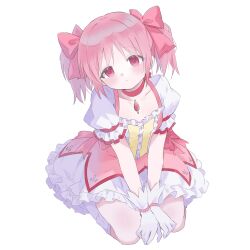 1girl bow bubble_skirt chest_jewel closed_mouth commentary_request dot_mouth dress gem gloves hair_bow highres kaname_madoka kaname_madoka_(magical_girl) knees light_blush looking_at_viewer mage_(404_null) magical_girl mahou_shoujo_madoka_magica mahou_shoujo_madoka_magica_(anime) pink_bow pink_dress pink_eyes pink_gem pink_hair puffy_short_sleeves puffy_sleeves seiza short_hair short_sleeves simple_background sitting skirt socks solo soul_gem_(madoka_magica) square_neckline tareme twintails white_background white_socks