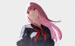  1girl alternate_costume blush commentary english_commentary highres hololive hololive_english long_hair mori_calliope neokishi open_mouth red_ribbon ribbon school_uniform simple_background solo virtual_youtuber 