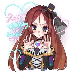  1boy black_choker bluerancel character_name choker cropped_torso cross cross_earrings dress earrings english_commentary frilled_dress frilled_sleeves frills gradient_eyes green_eyes happy_birthday hat heart heart_hands highres jewelry long_hair looking_at_viewer mini_hat mini_top_hat multicolored_eyes namine_ritsu outline piano_print purple_dress purple_hat red_hair red_nails smile solo teeth top_hat trap utau violet_eyes white_outline 
