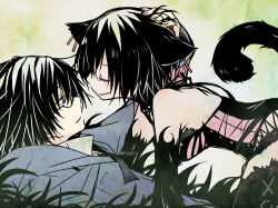  1boy 1girl all_fours animal_ear_piercing animal_ears ati_(sekien_no_inganock) black_fur black_hair black_leotard black_thighhighs blue_eyes blue_jacket blush body_fur breasts cat_ears cat_girl cat_tail closed_eyes closed_mouth collared_shirt commentary_request couple from_side fur-trimmed_thighhighs fur_trim gii_(sekien_no_inganock) glasses grass hand_in_another's_hair happy headpat hetero jacket leotard looking_at_another lying medium_breasts multicolored_leotard on_back pink_leotard sekien_no_inganock shirt short_hair simple_background smile steampunk_(liarsoft) tail thigh-highs tsuyuka_(sunny_spot) two-tone_leotard 