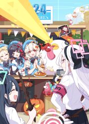  >_< 0_0 6+girls ahoge angel's_24_uniform_(blue_archive) aoba_(blue_archive) apron aris_(blue_archive) black_bow black_hair black_skirt blonde_hair blue_apron blue_archive blue_halo bow bowtie buttons closed_eyes commentary_request ferris_wheel forehead grey_halo hair_bow halo highres holding holding_sword holding_weapon hoshino_(blue_archive) ideolo jack-o'-lantern kei_(blue_archive) long_hair miyu_(blue_archive) multiple_girls official_alternate_costume open_mouth orange_halo outdoors peroro_(blue_archive) pink_halo polo_shirt pumpkin red_eyes red_hair shirt short_sleeves skirt smile sora_(blue_archive) striped_bow striped_bowtie striped_clothes stuffed_toy sweatdrop sword two_side_up weapon white_hair white_shirt yuzu_(armed)_(blue_archive) yuzu_(blue_archive) 