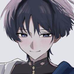  1boy bishounen black_bodysuit black_hair blue_cape blunt_ends bodysuit cape chopsticks closed_mouth egpr_01 genshin_impact highres japanese_clothes kimono light_blush looking_at_viewer male_focus mandarin_collar portrait scaramouche_(genshin_impact) shoulder_peek side_cape smile solo tsurime violet_eyes wanderer_(genshin_impact) white_background white_kimono wolf_cut 