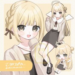  1girl adversarial_noise angel angel_wings black_shoes black_skirt blonde_hair cardigan chibi chibi_inset commentary_request commission grey_cardigan halo highres loafers long_hair looking_at_viewer multiple_views ninarin original shoes sidelocks skeb_commission skirt smile socks traditional_halo watermark white_socks white_wings wings yellow_eyes 