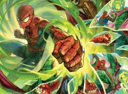  2boys animal_print artist_name blue_bodysuit bodysuit clenched_hands duel fishbowl_helmet helmet highres jessica_fong magic:_the_gathering male_focus marvel multicolored_bodysuit multiple_boys mysterio official_art red_bodysuit spider-man spider-man_(series) spider_print spider_web_print superhero_costume two-tone_bodysuit 