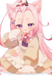  1girl :3 absurdres ahoge aino_(genshin_impact) animal_ear_fluff animal_ears animal_hands apron arm_support bangs_pinned_back bow bowtie brooch brown_dress cat_ears cat_girl commentary_request dress forehead frilled_apron frills full_body fuyonohi45 genshin_impact gradient_bow gradient_bowtie hair_ornament hand_on_ground hand_up heart heart_brooch heart_hair_ornament heart_print highres huge_ahoge jewelry kneeling long_hair long_sleeves multicolored_bow multicolored_bowtie open_mouth pink_hair pleated_dress screw_hair_ornament simple_background single_paw_pose solo very_long_hair violet_eyes white_background x_hair_ornament 