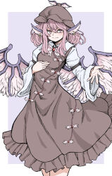  1girl animal_ear_piercing animal_ears bird_ears bird_wings border breasts brown_dress brown_hat closed_mouth collared_shirt commentary dress earrings fe_(tetsu) feet_out_of_frame frilled_dress frills gold_earrings hand_on_own_chest hat highres hoop_earrings jewelry legs_together long_sleeves looking_at_viewer medium_hair mystia_lorelei outside_border outstretched_hand pink_eyes pink_hair purple_background shirt sidelocks simple_background sleeve_garter small_breasts smile solo standing touhou white_border white_shirt wide_sleeves winged_hat wings 